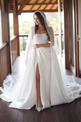 Strapless Sleeveless White Long Wedding Dress with Slit and Sequins
