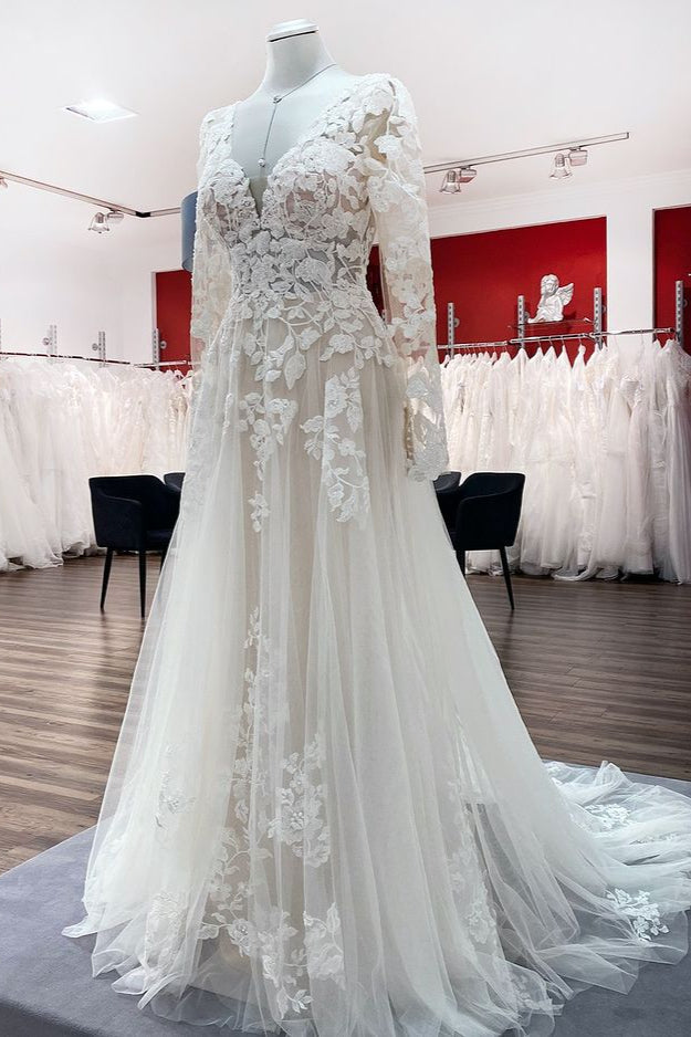 Elegant Ivory A-line Wedding Dress with Long Lace Sleeves and Open Back Tulle Details
