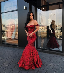 Charming Off-the-Shoulder Mermaid Sequins Prom Dresses Long