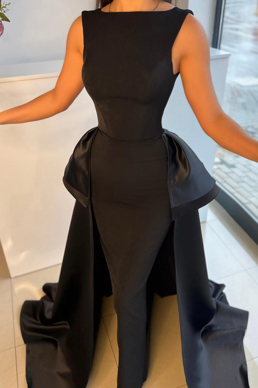 New Arrival Black Sleeveless Mermaid Prom Dress With Overskirt On Sale