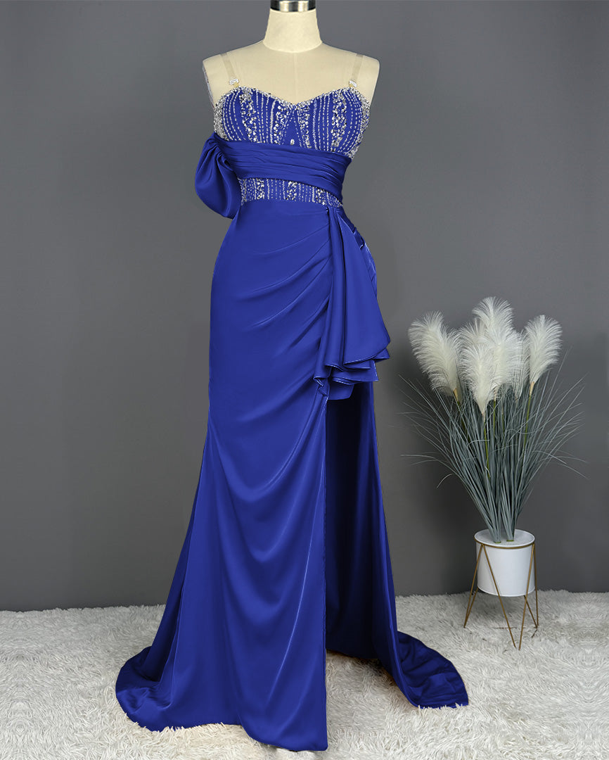Elegant Spaghetti Straps Split Mermaid Prom Dress Long Pleated Sleeveless Evening Gown with Beading Sequins