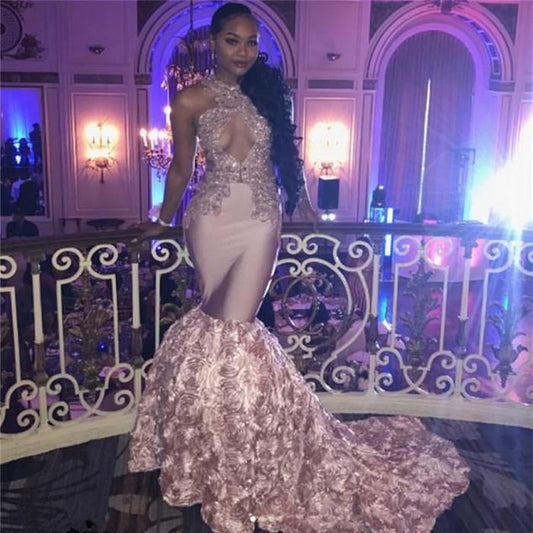 Gorgeous Pink Halter Lace Appliques Mermaid Prom Dress With Flowers