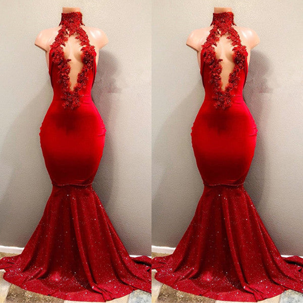 Classy Red High Neck Mermaid Prom Dress Sleeveless With Appliques