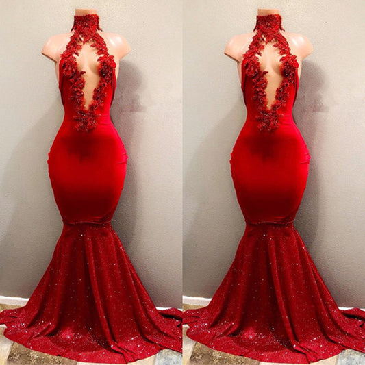 Classy Red High Neck Mermaid Prom Dress Sleeveless With Appliques