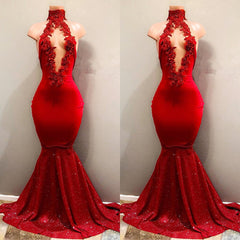 Classy Red High Neck Mermaid Prom Dress Sleeveless With Appliques