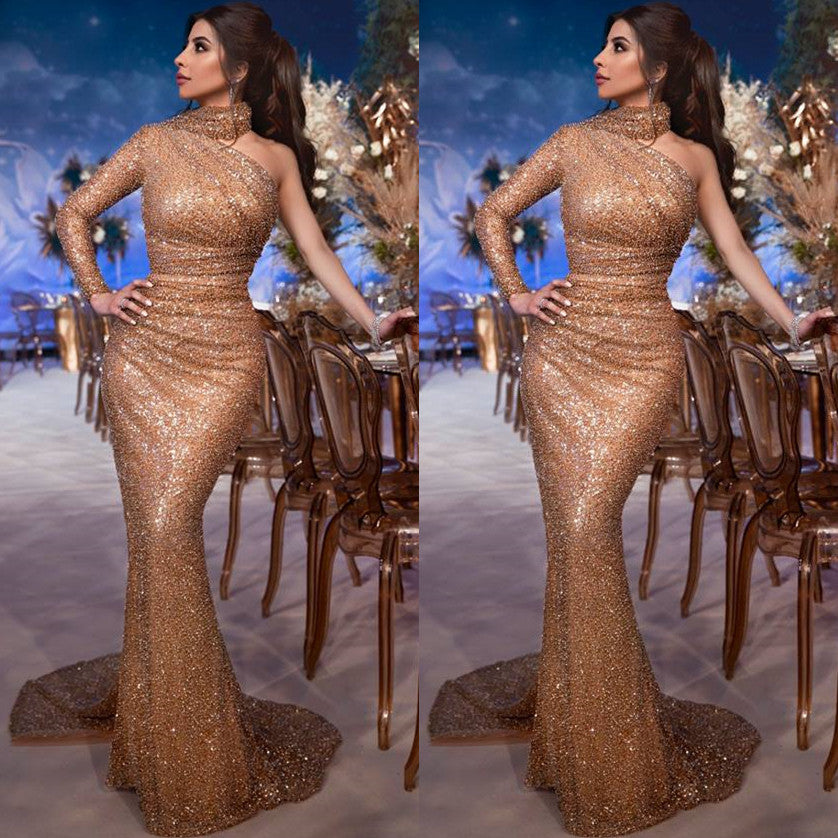 Elegant One Shoulder Long Sleeves Sequins Prom Dress Mermaid