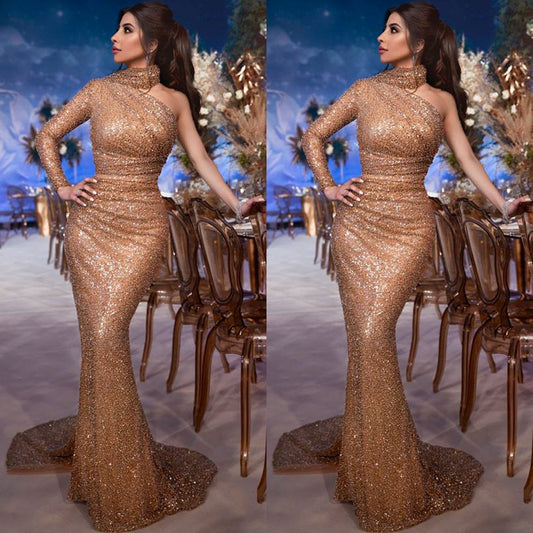 Elegant One Shoulder Long Sleeves Sequins Prom Dress Mermaid
