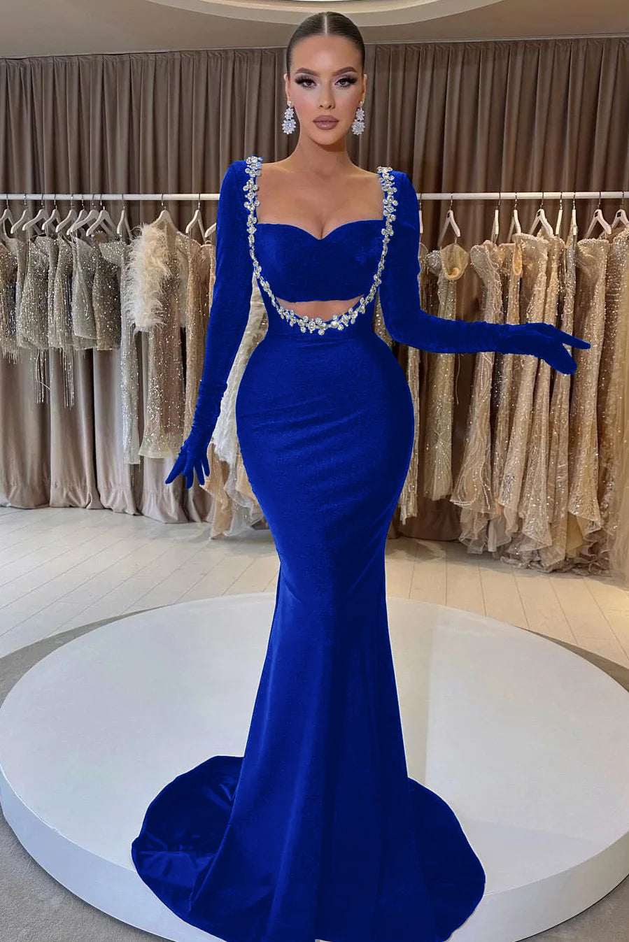 Black Beaded Prom Dress With Gloves Sweetheart Long Sleeve Mermaid