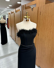 Mermaid Prom Dress Long Black Feather Sleeveless Strapless