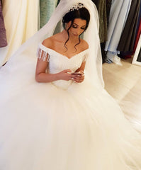 Off-the-shoulder Beaded Backless Wedding Gown with Elegant Floor-length Tassel Tulle