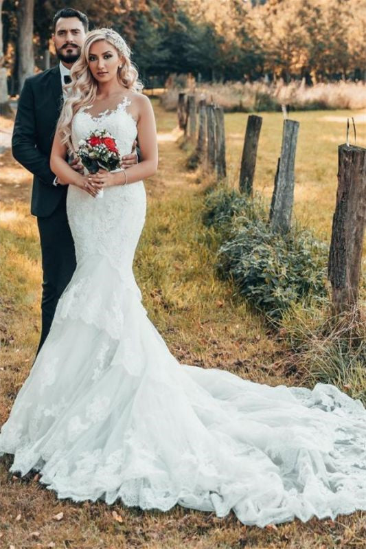 Mermaid Wedding Dress in Lace With Sleeveless Design and Chapel Train