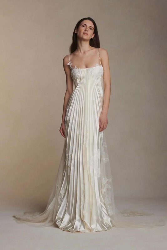 Gorgeous Ivory Appliqued Pleated Satin Backless Prom Dress