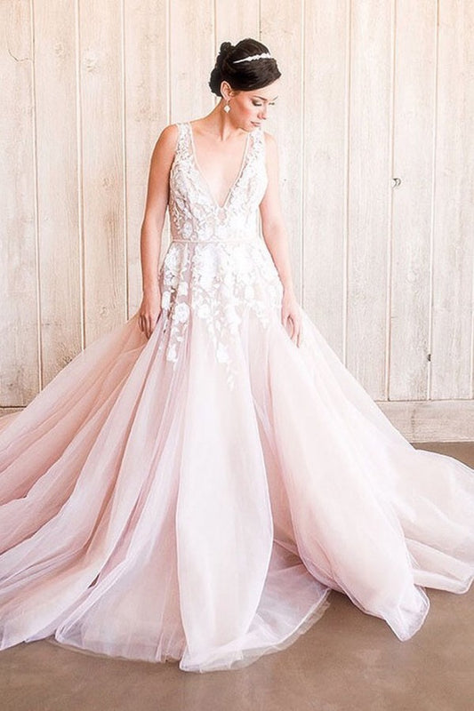 Elegant A-line Tulle Wedding Dress with Deep V-neck, Wide Straps, and Open Back Lace Appliques