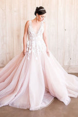 Elegant A-line Tulle Wedding Dress with Deep V-neck, Wide Straps, and Open Back Lace Appliques