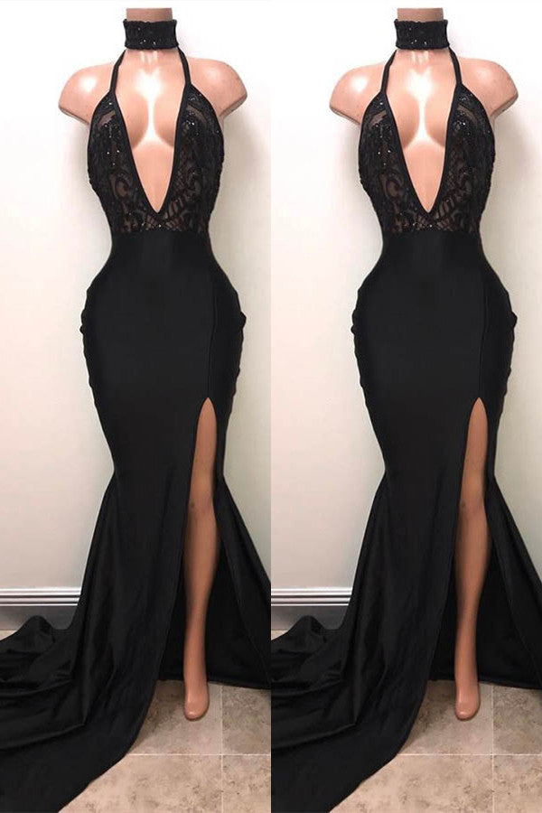 Gorgeous Black V-Neck Sleeveless Prom Dress Mermaid Split With Sequins