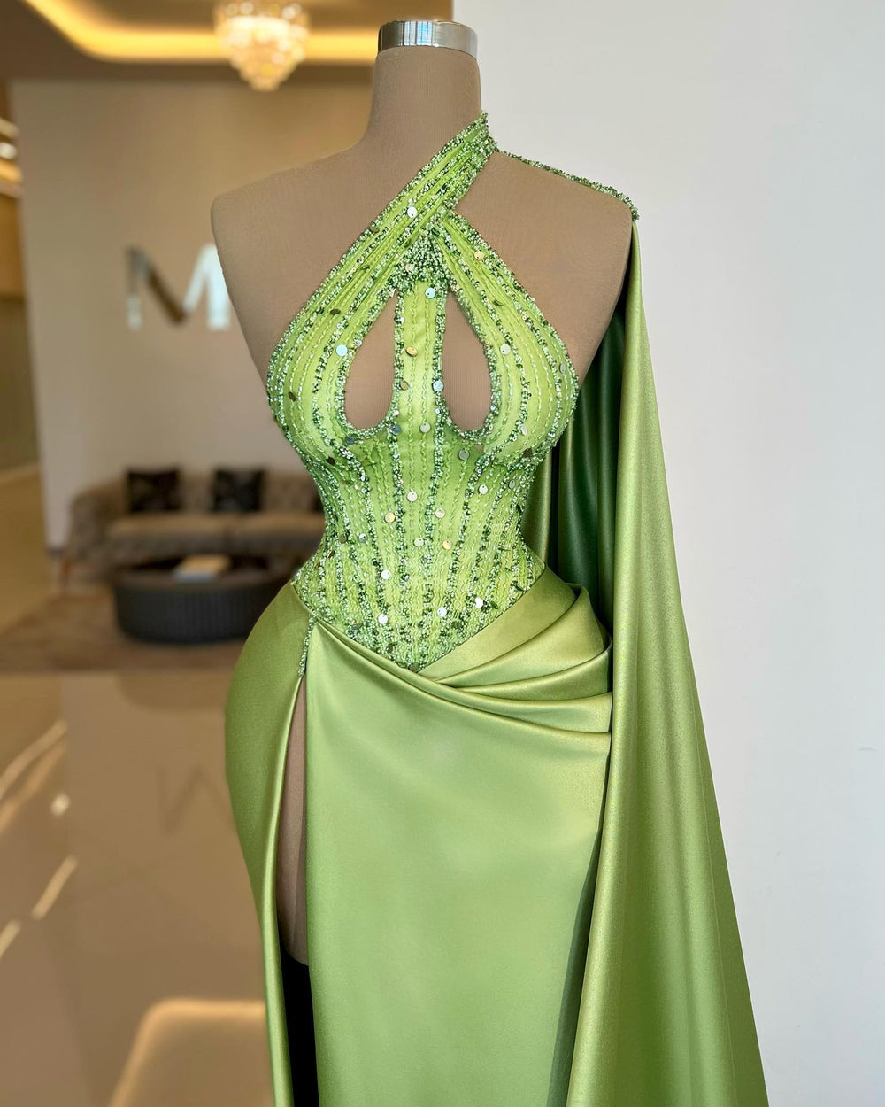 Stunning Sage Green One Shoulder Ruffle Prom Dresses Mermaid High Slit With Sequins Beads