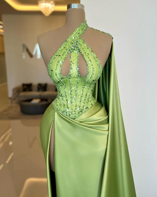Stunning Sage Green One Shoulder Ruffle Prom Dresses Mermaid High Slit With Sequins Beads