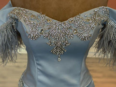 Modern Off-the-Shoulder Sweetheart Mermaid Prom Dress Beadings With Split Feathers