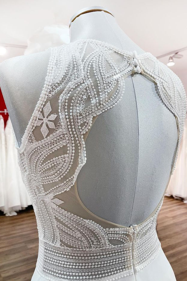 Elegant A-line Chiffon Wedding Dress with Jewel Open Back and Ruffled Appliques