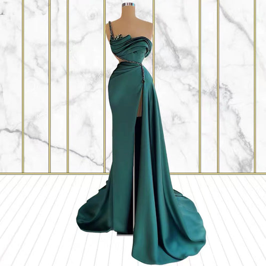 Emerald One Shoulder Rhinestone Mermaid Prom Dress with Split