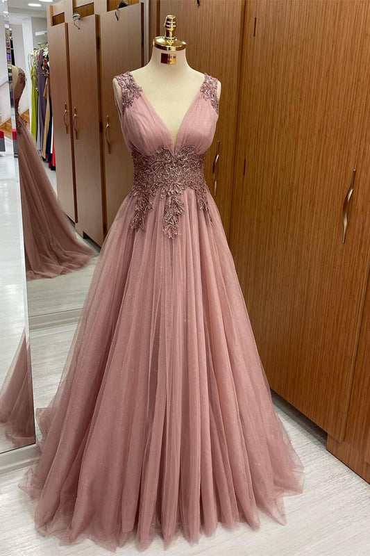 Dusty Pink V-Neck Sleeveless Prom Dress Tulle Long with Appliques