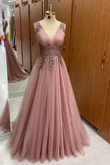 Dusty Pink V-Neck Sleeveless Prom Dress Tulle Long with Appliques