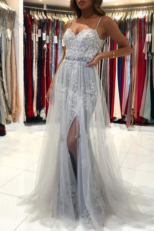 Elegant Spaghetti-Straps Sweetheart Lace Tulle Prom Dress With Appliques