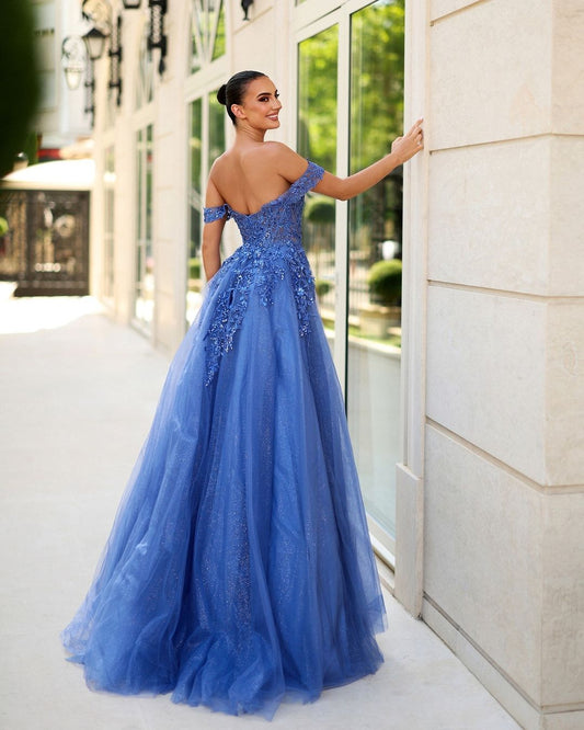 Blue Off-the-shoulder A Line Prom Dress with Lace