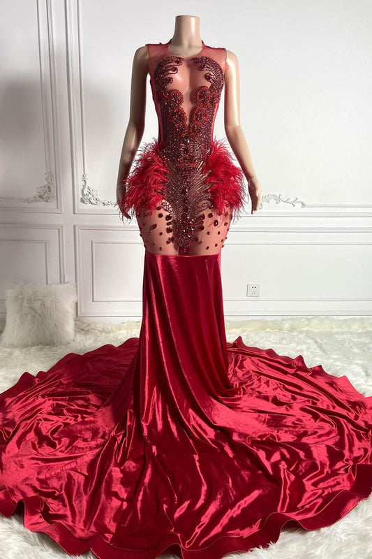 Fabulous Red Scoop Sleeveless Mermaid Prom Gown With Beadings Crystals Feathers
