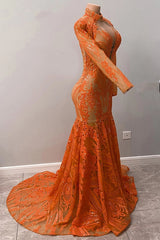 Gorgeous Orange High-Neck Long Sleeves Prom Dress Mermaid Sequins