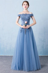 Gorgeous Off-the-Shoulder Dusty Blue Prom Dresses Tulle Long With Appliques