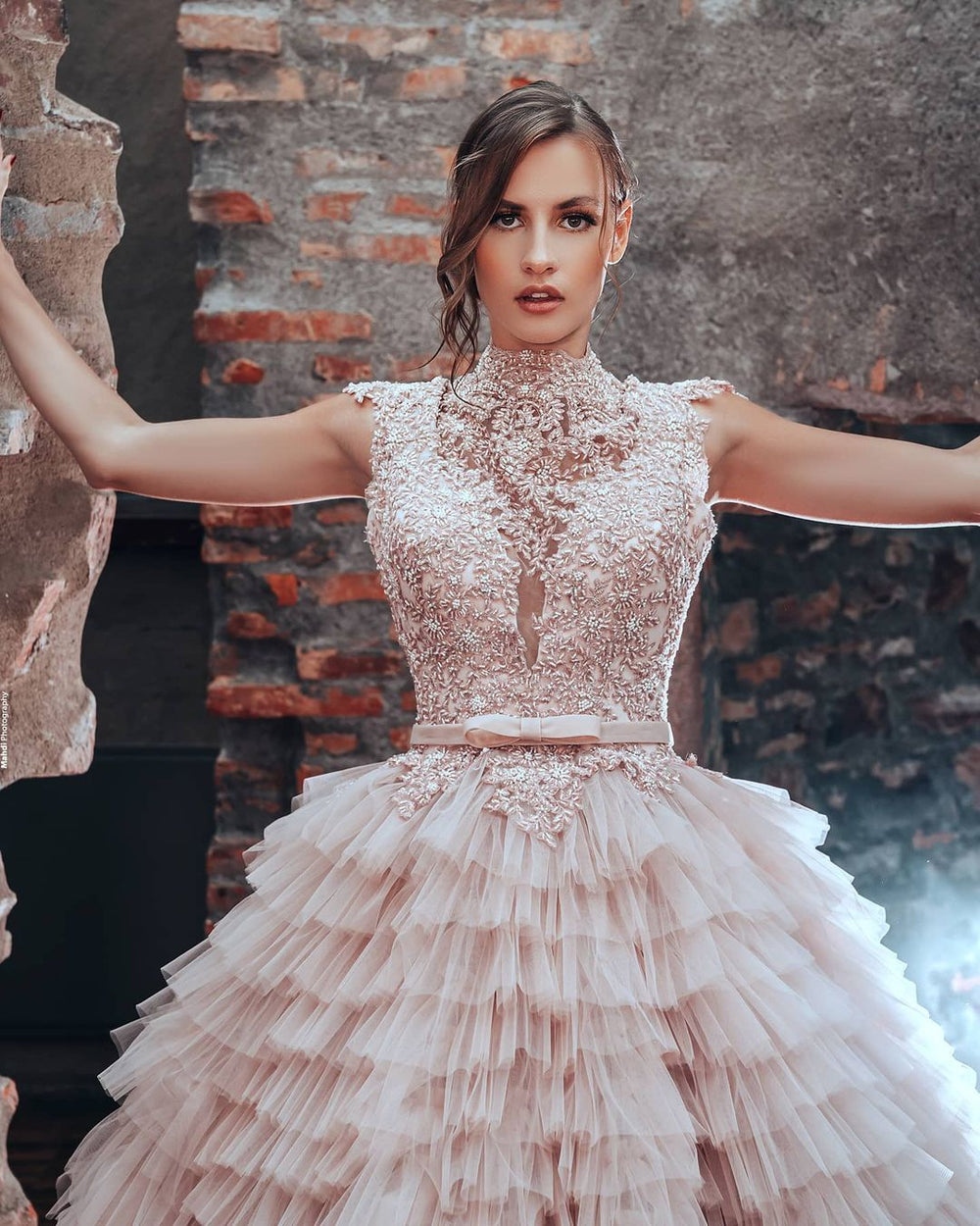 Elegant Pink Princess A-line Wedding Gown with High Neck and Long Tulle Skirt