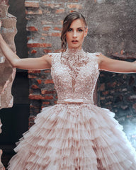 Elegant Pink Princess A-line Wedding Gown with High Neck and Long Tulle Skirt