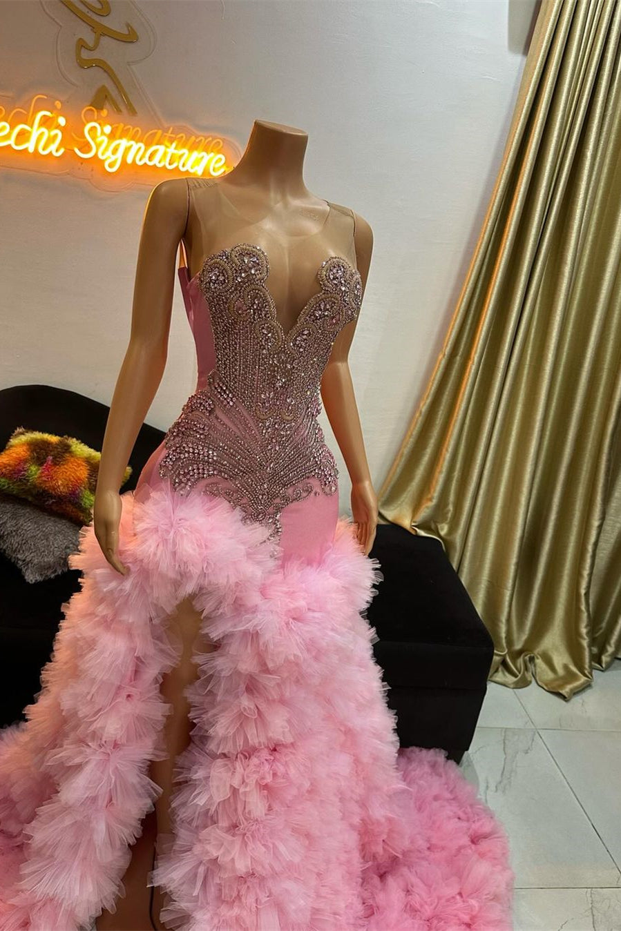 Modern Pink Sleeveless Scoop Prom Dress Mermaid Long With Split Tulle Ruffles Lace-up Back
