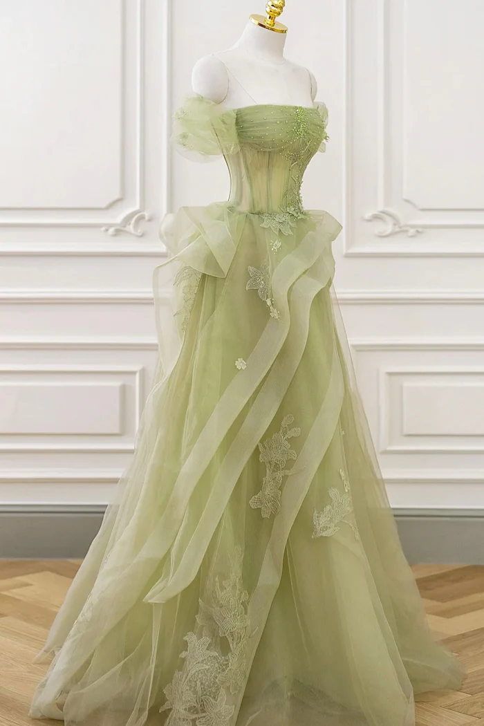 Cute Green Strapless Off The Shoulder A Line Prom Dress Long With Beads