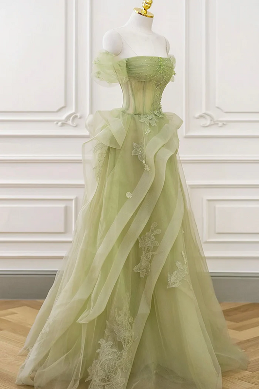 Cute Green Strapless Off The Shoulder A Line Prom Dress Long With Beads