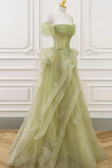 Cute Green Strapless Off The Shoulder A Line Prom Dress Long With Beads