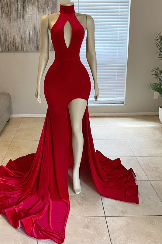 Modern High Neck Red Mermaid Prom Dress Long Split With Sleeveless