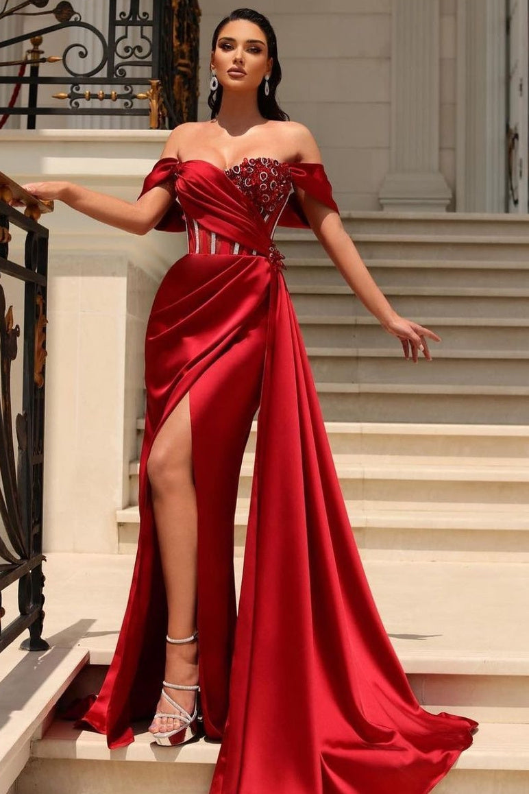 Classic Red Off-the-Shoulder Slit Prom Dress Long With Ruffle Beads