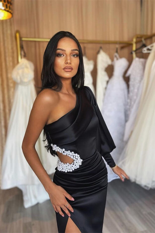 Black One Shoulder Evening Dress Hollowing Out Pleated Split