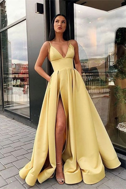 Modern Spaghetti-Straps V-Neck Prom Dress Split With Pocket