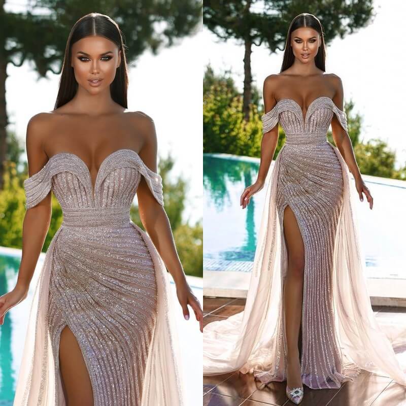 Charming Off-the-Shoulder Mermaid Prom Dress Beadings Split With Ruffles