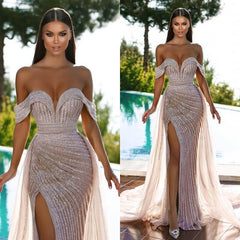 Charming Off-the-Shoulder Mermaid Prom Dress Beadings Split With Ruffles