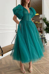 Gorgeous Emerald Bubble Sleeves Tulle Prom Dress With Buttons V-Neck
