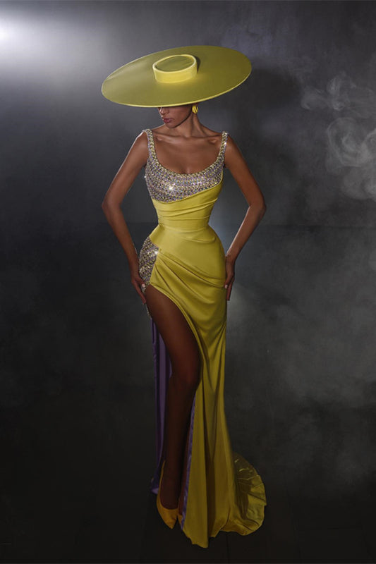 Stunning Yellow Straps Mermaid Prom Dresses Long With Beads High Split