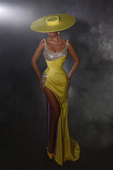 Stunning Yellow Straps Mermaid Prom Dresses Long With Beads High Split