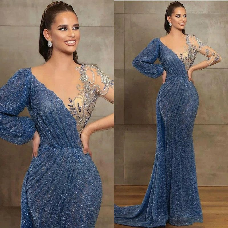  Gorgeous V-Neck Long Sleeves Mermaid Evening Dress with Sequined Beads