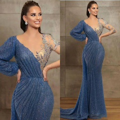  Gorgeous V-Neck Long Sleeves Mermaid Evening Dress with Sequined Beads