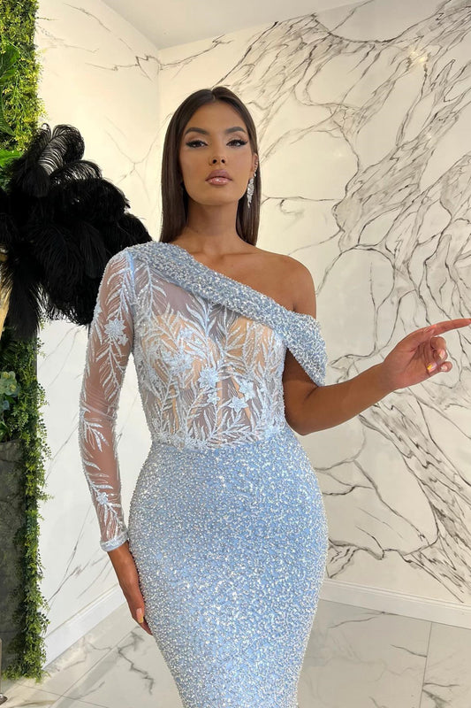 Elegant One Shoulder Long Sleeve Mermaid Evening Dress with Sequins On Sale
