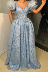 New Arrival Light Blue Short Sleeves Prom Dress Feather With Sequins Beads